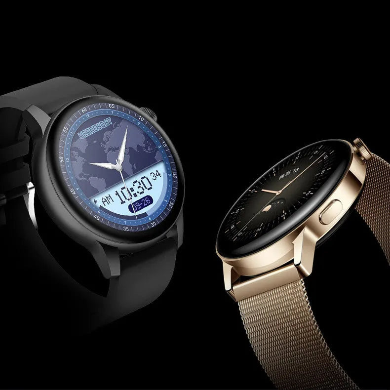 Smart watch with round colour screen in black, pink, or silver stainless steel case.