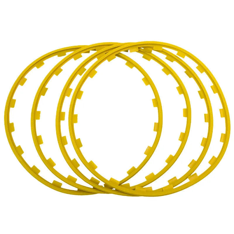 Set of four coloured nylon wheel hub guard rings for alloy wheel protection.