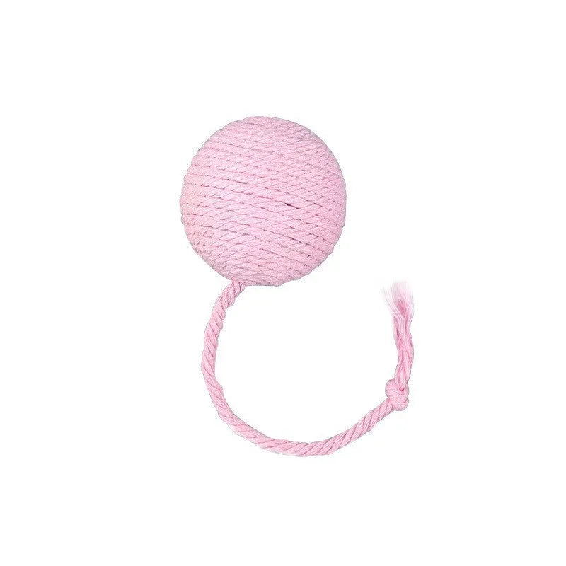 Cat toy ball with rope attached in green, pink, purple or yellow colour with internal bell