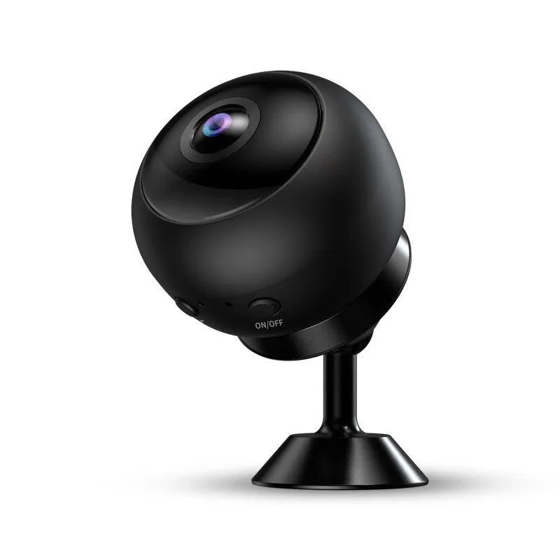 1080p wireless WiFi security camera with ABS housing and USB cable on a white background.