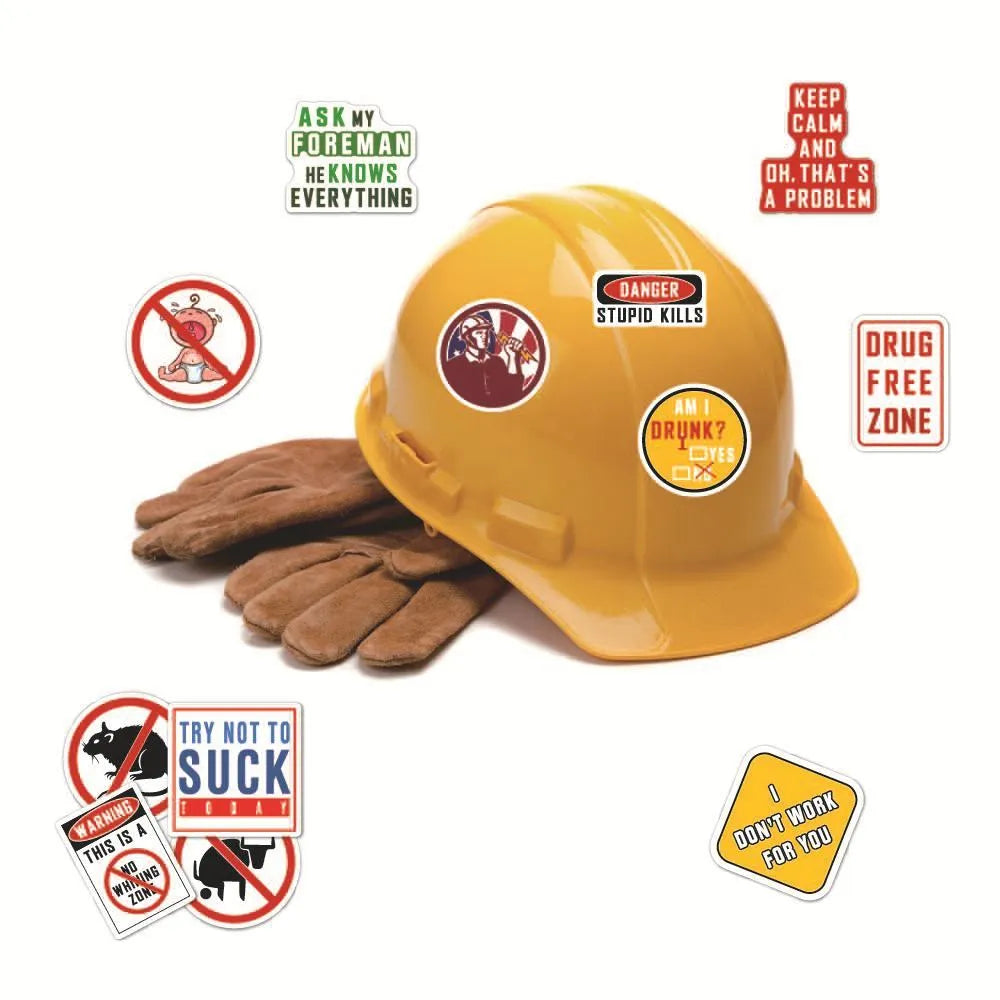 Waterproof motorcycle helmet stickers pack with warning slogans measuring 6-8cm