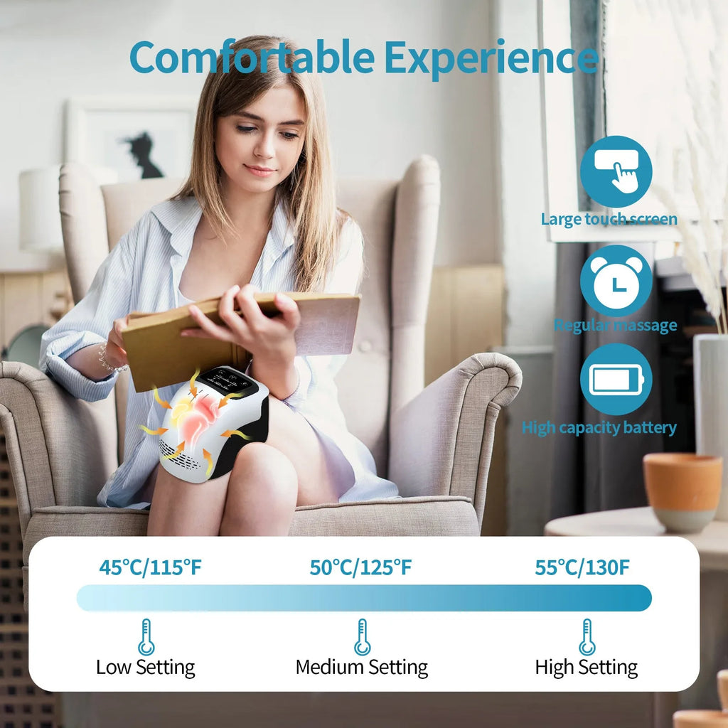 White intelligent electric knee massager with wrap-around design and USB cable