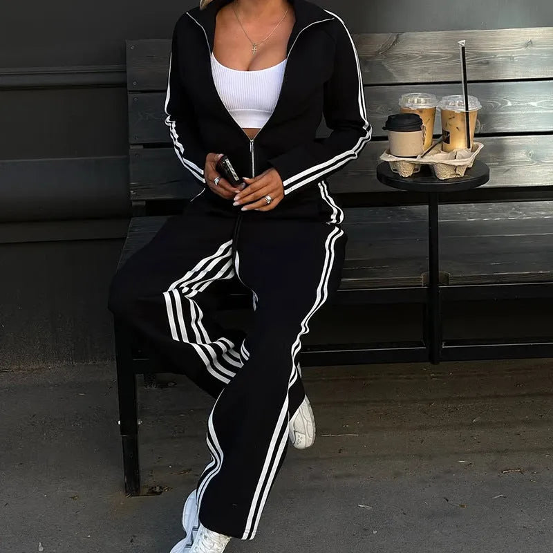 Black women's casual long sleeve sports two-piece set with top and trousers, polyester fibre health cloth