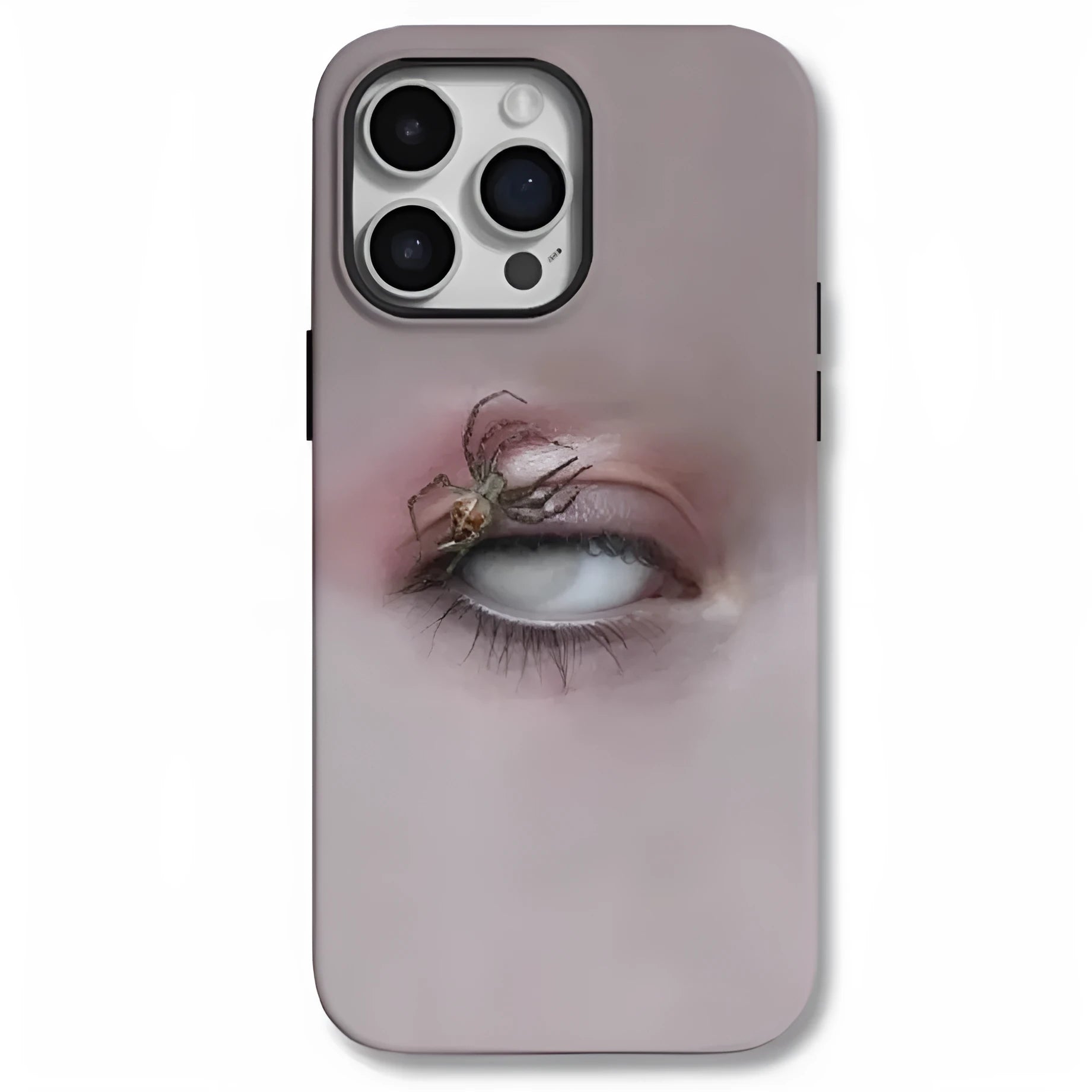 Dark heterochromatic spider pattern resin phone case for iPhone 15 Pro Max with frosted finish.