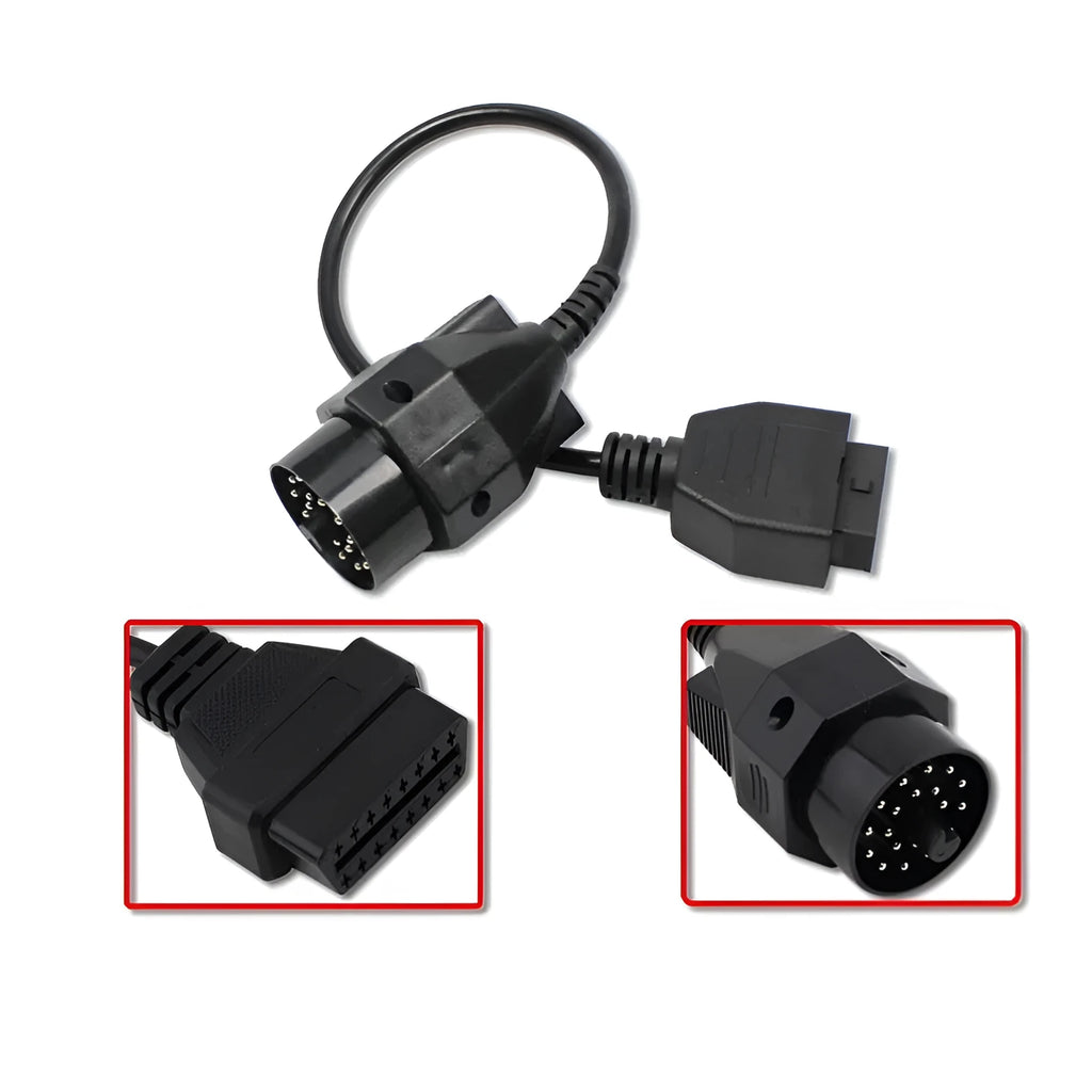 BMW 20-pin to standard 16-pin OBD2 diagnostic adapter cable on a white background
