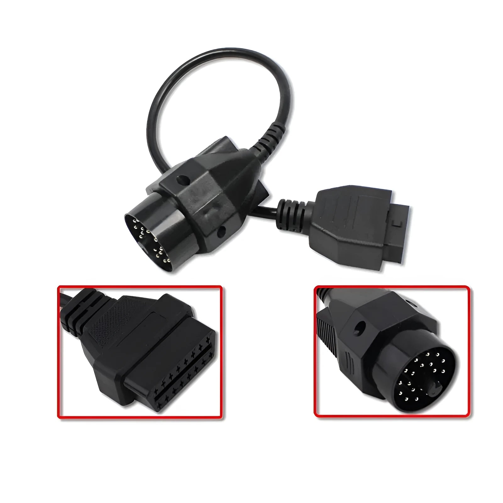 BMW 20-pin to standard 16-pin OBD2 diagnostic adapter cable on a white background