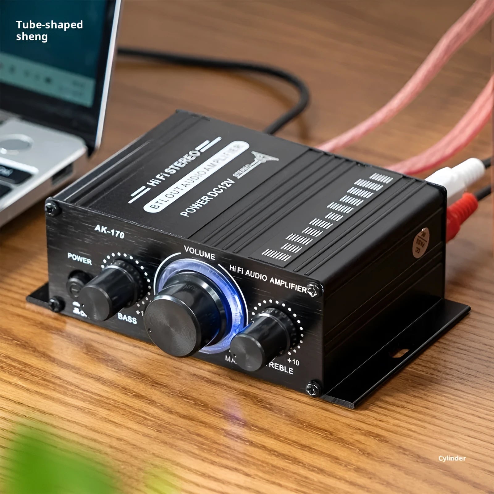 Mini small amplifier black 20W stereo with RCA input and cable clip outputs for home computer audio