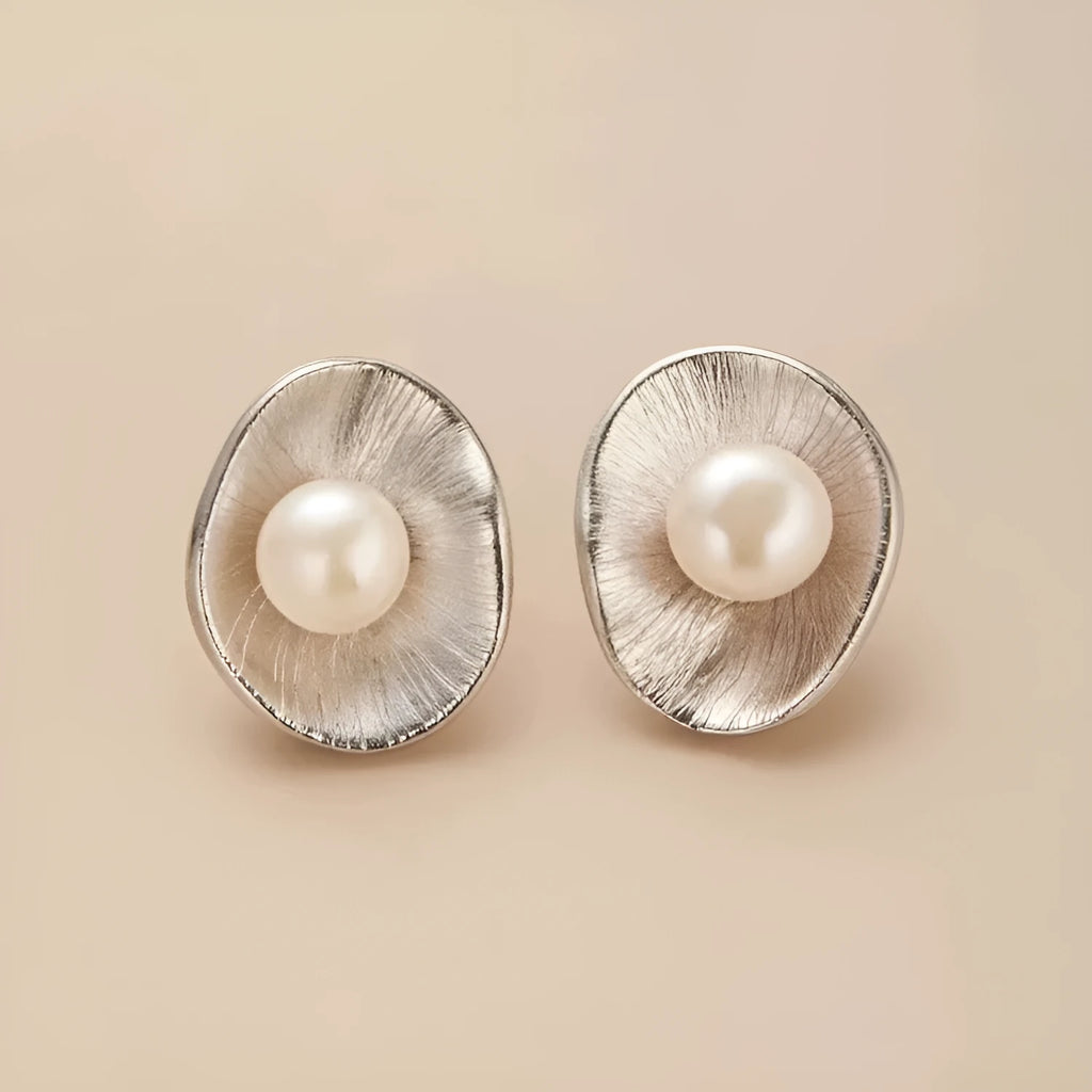 Pearl sterling silver geometric stud earrings with electroplated gold finish
