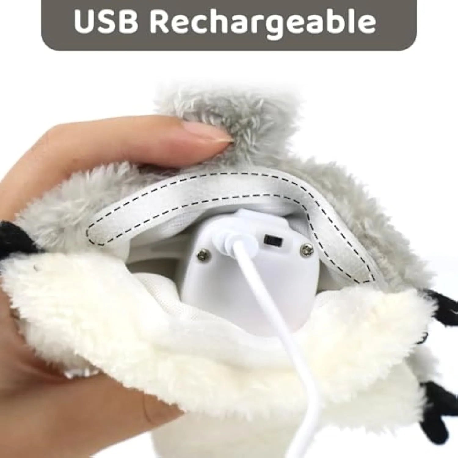 Grey flapping squirrel cat toy with USB charging cable for interactive feline play