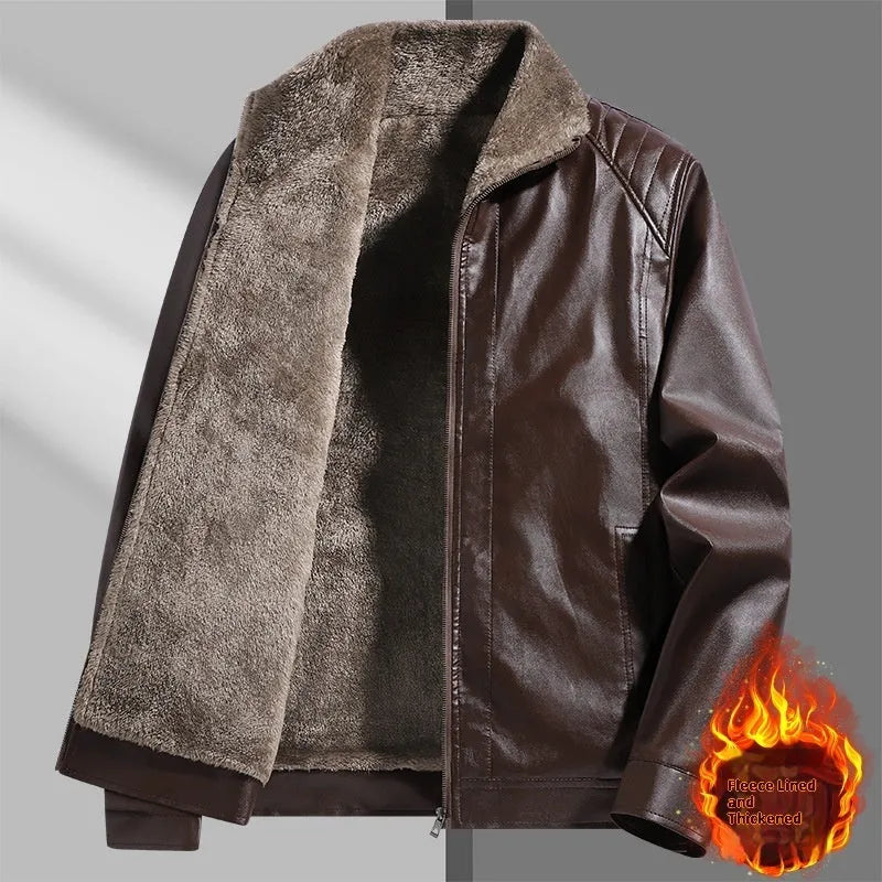 Fleece-lined thickened PU leather men's jacket in black, available in sizes M to 3XL