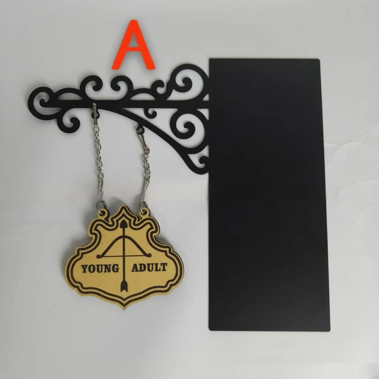 Rustic tavern sign style book divider ornament for shelf organisation, one of five available designs.