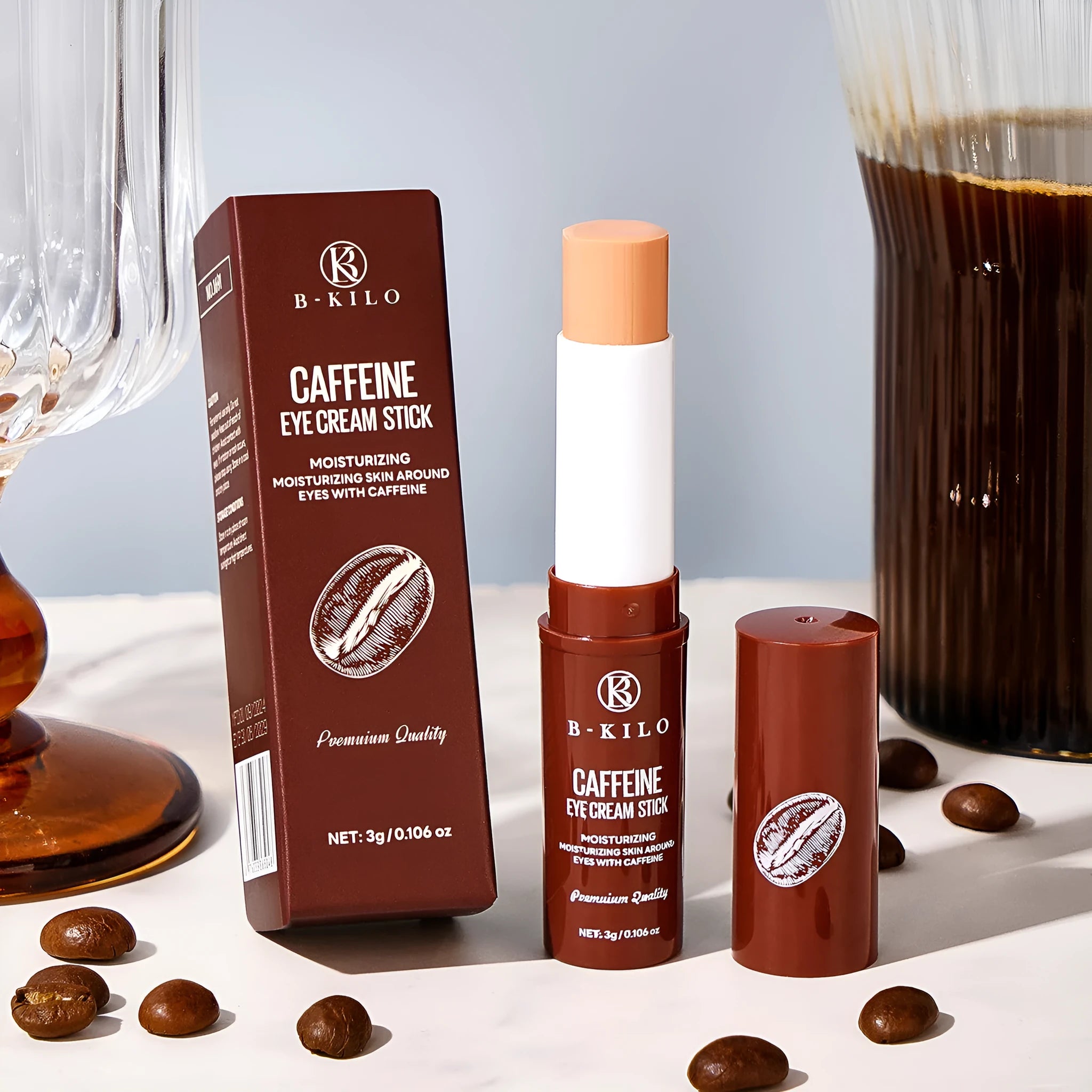 Caffeine eye cream stick in white packaging with 3g net content for dark circles and fine lines