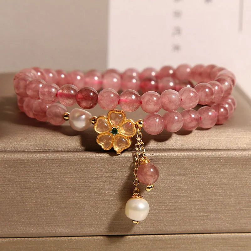 Strawberry quartz four-leaf clover double ring bracelet for women with alloy inlay