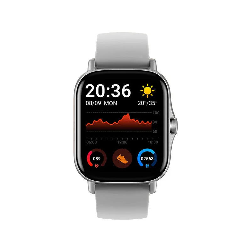GT20 Smart Watch with black silicone strap and 1.75-inch touchscreen displaying health metrics.