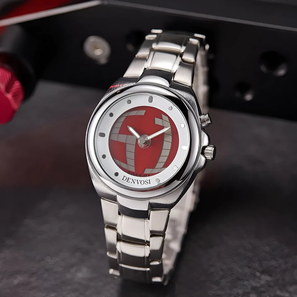 Men's digital dual display watch with 40mm dial, alloy strap, and stainless steel buckle in red or blue colour options