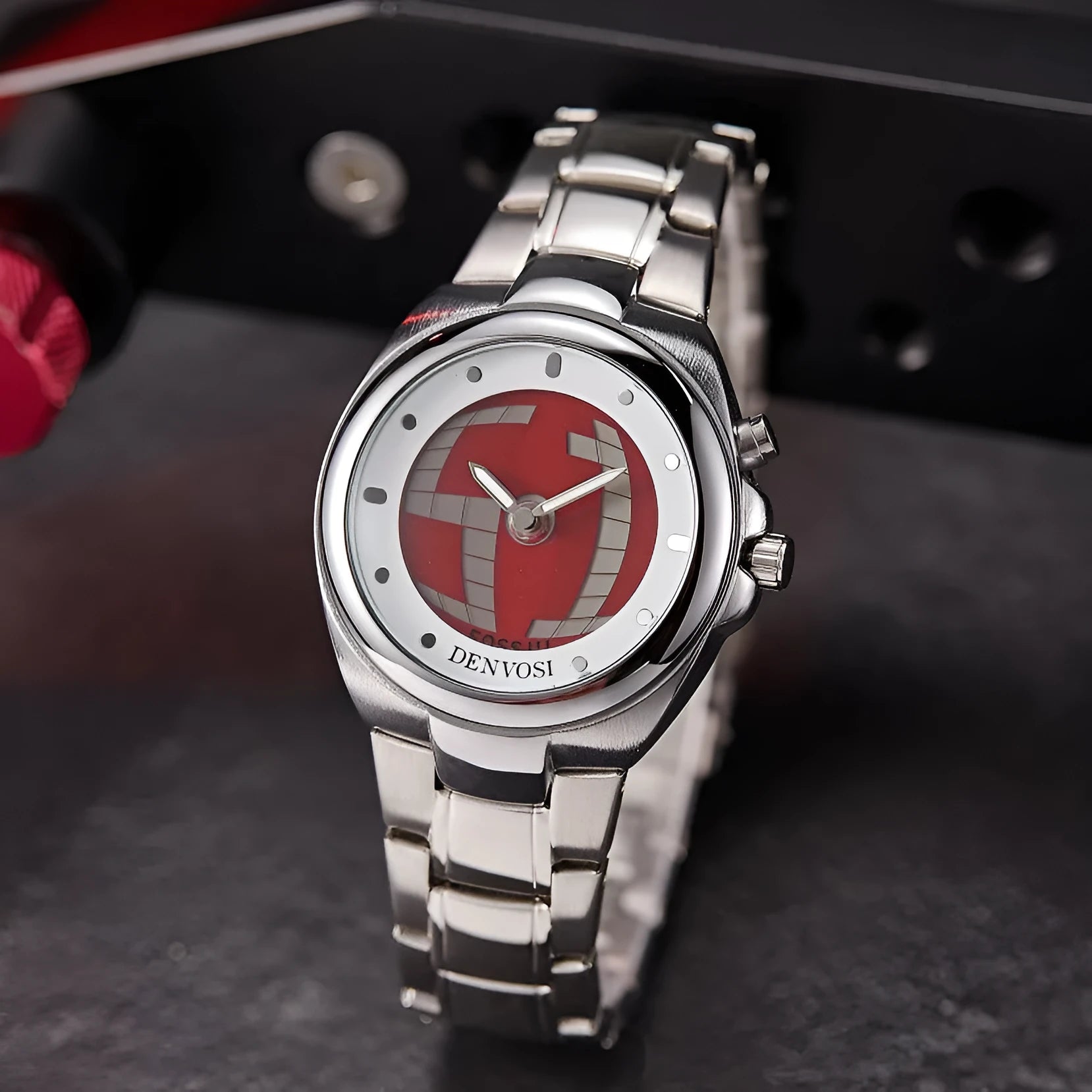 Men's digital dual display watch with 40mm dial, alloy strap, and stainless steel buckle in red or blue colour options