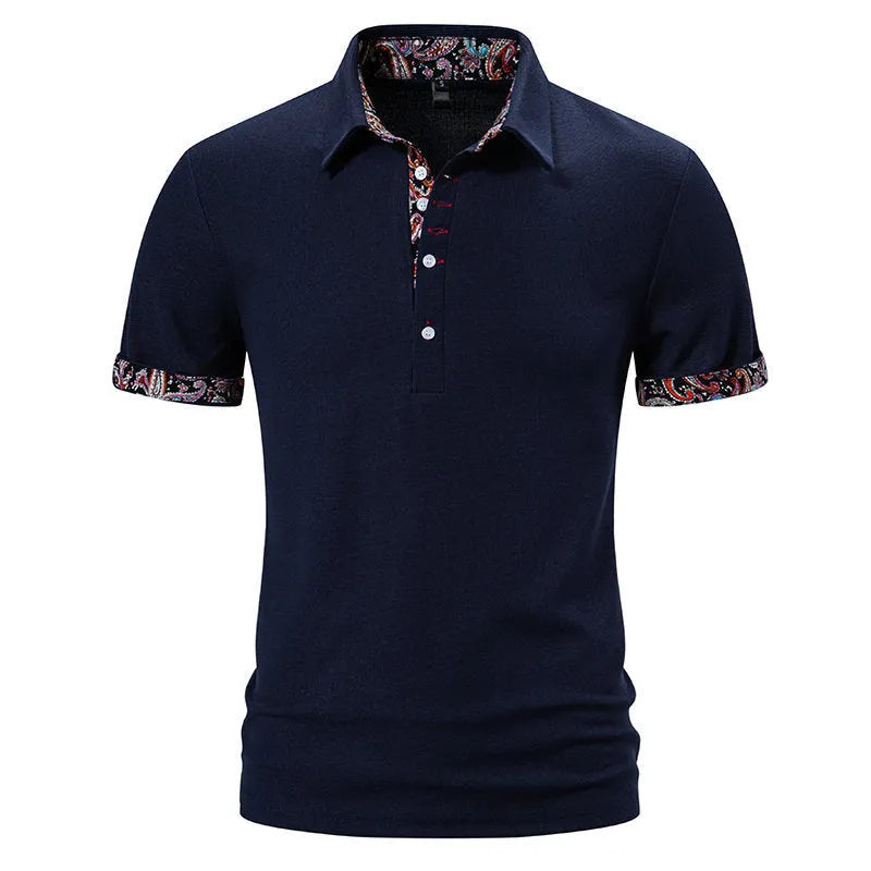 Men's navy blue polo shirt with a white-stitch detail on the turnover collar, short sleeves.