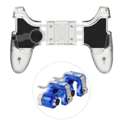 Black wired mobile phone game handle clamped onto a smartphone, showing physical buttons and 3.5mm plug.