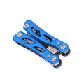Blue multi-function folding pliers tool with a knife blade, shown folded and open next to its Oxford storage bag
