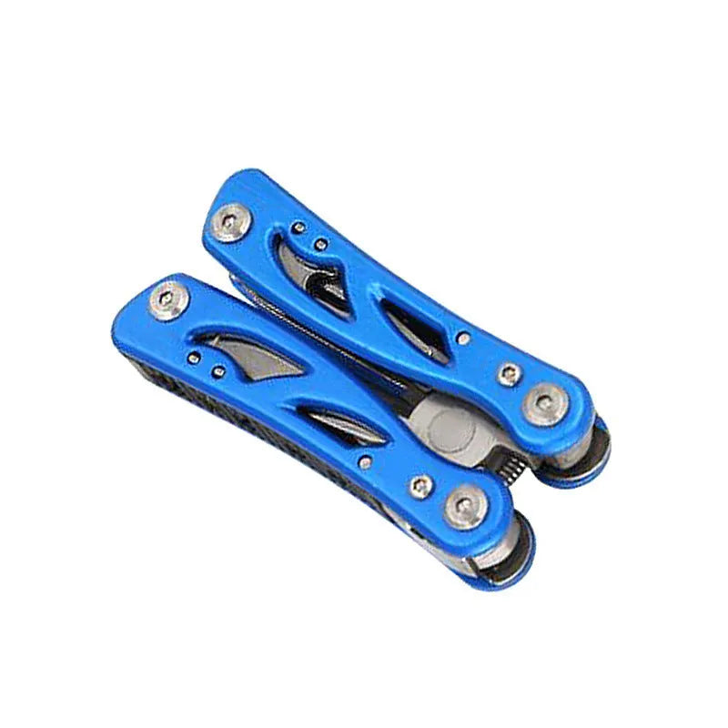 Blue multi-function folding pliers tool with a knife blade, shown folded and open next to its Oxford storage bag
