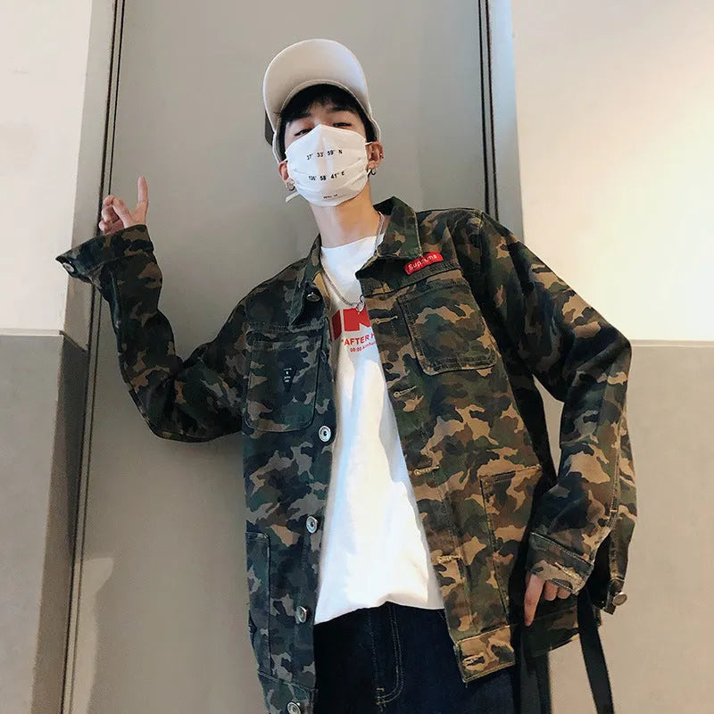 Men's camouflage denim jacket in cotton cowboy fabric, shown as a front view coat