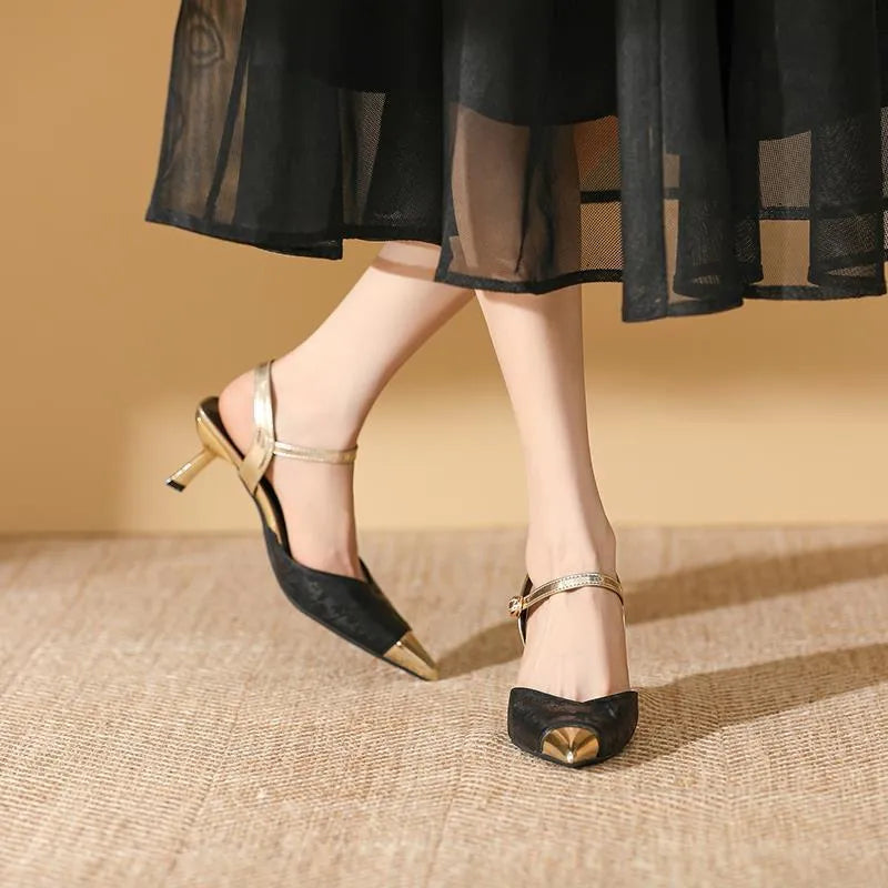 Women's pointed toe high-heeled sandals in leather with 6CM heel