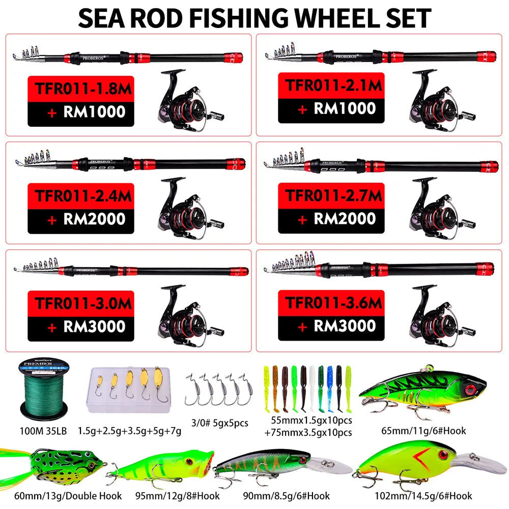 Long cast fishing rod and reel combination set with PE line, soft baits, hard lures and storage bag