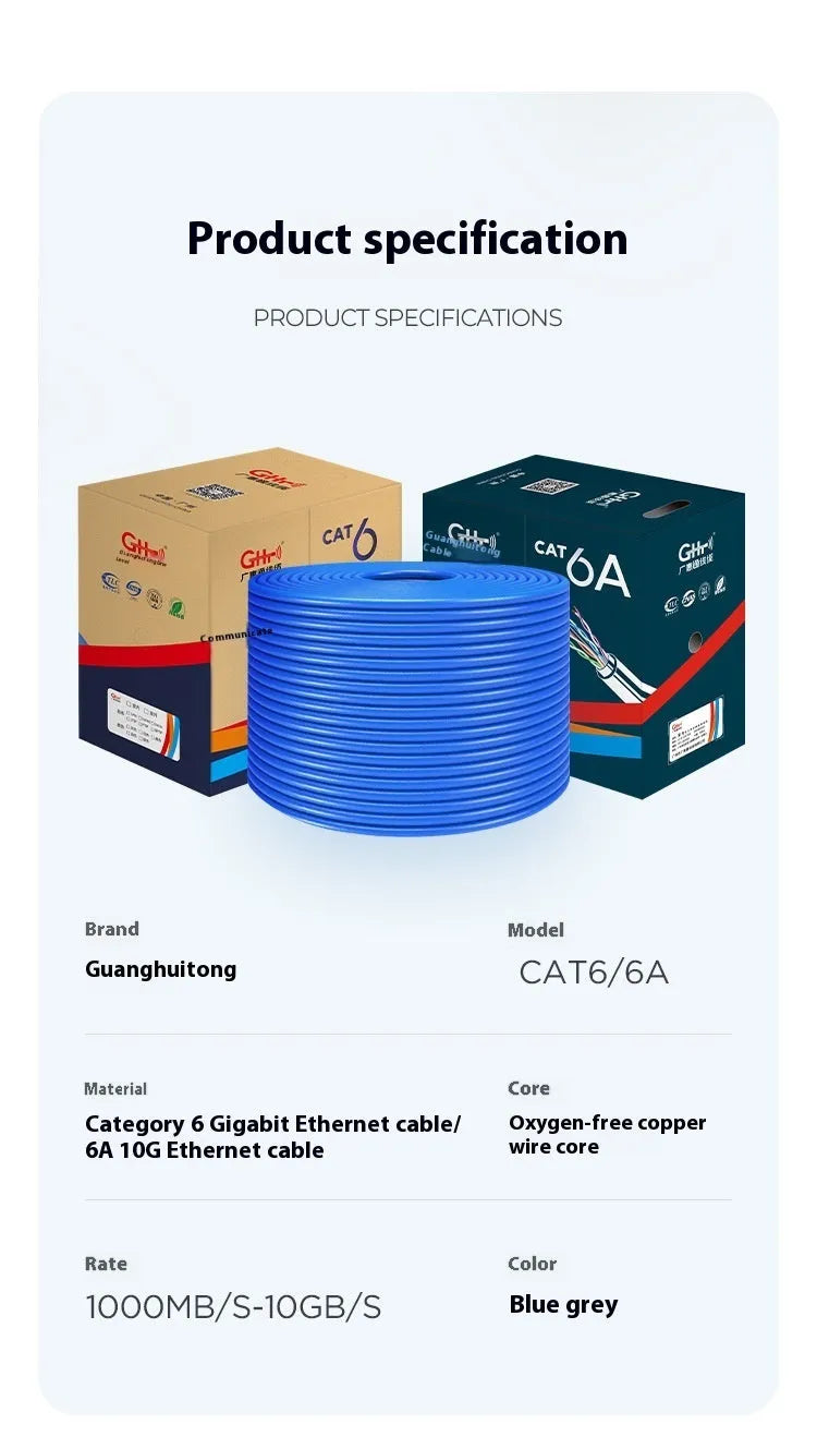 Blue oxygen-free copper Cat6 ethernet cable on a 305-metre reel