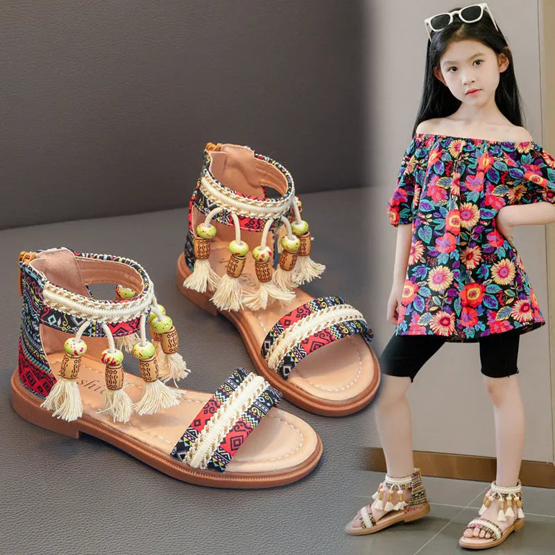 Summer ethnic retro children's Roman sandals with beaded detail, cloth upper, back zipper, in black colour option.
