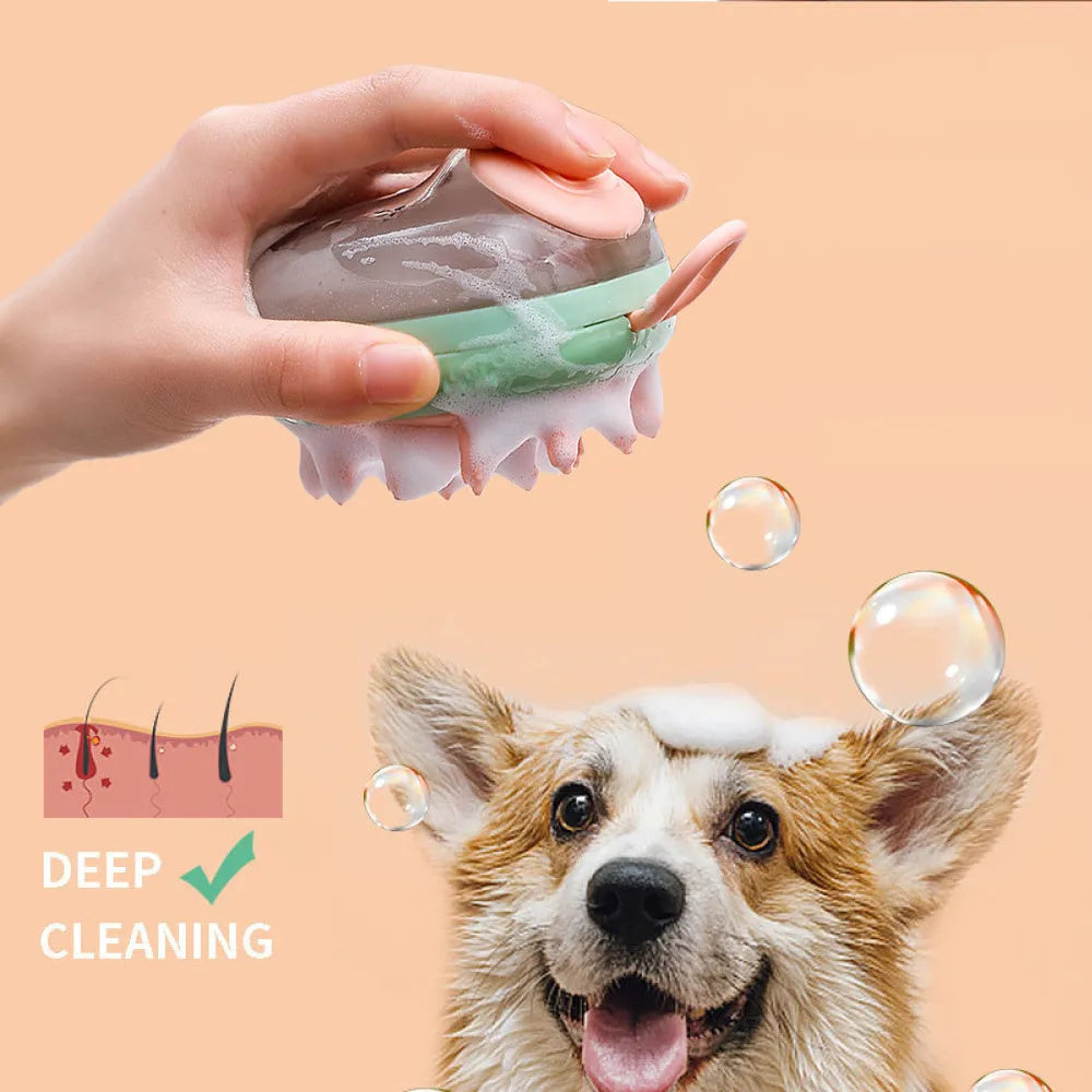Blue pet bath brush and shampoo dispenser with soft silicone bristles and a hang hole