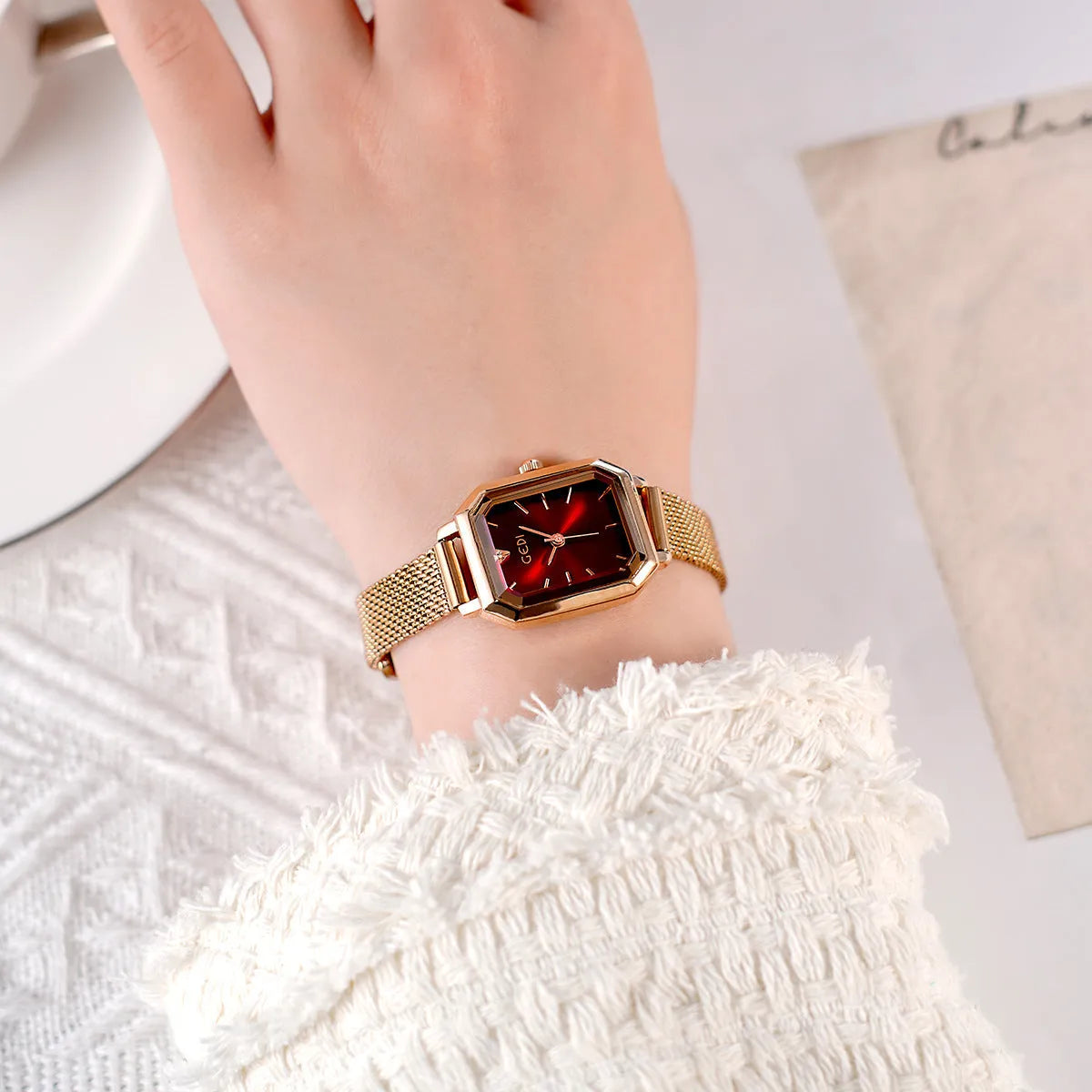 Women's square retro casual watch with rose shell case and multiple colour combinations showing 8mm thickness