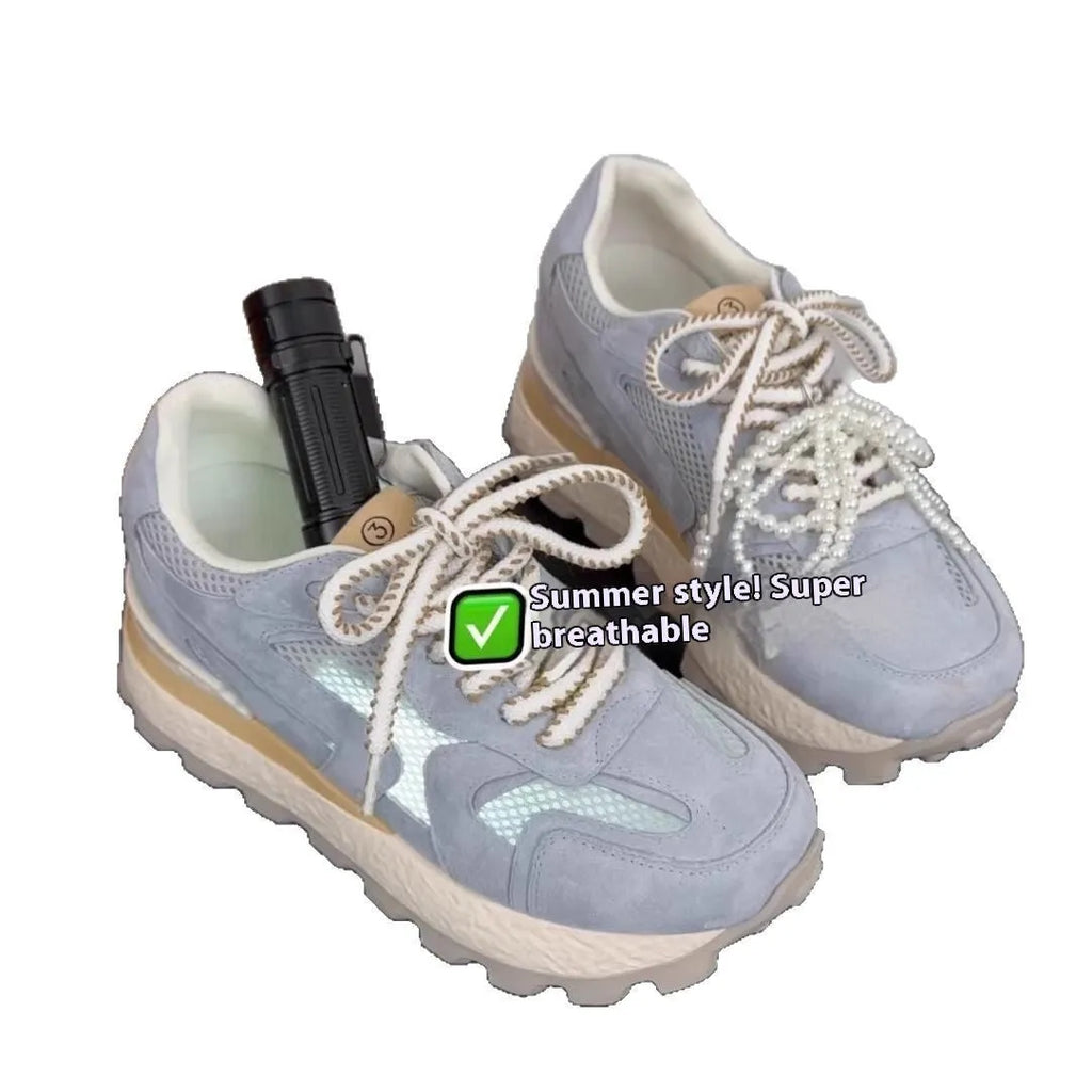 Women's height increasing insole Cortez platform shoes in apricot, white background, front lace-up sneaker style
