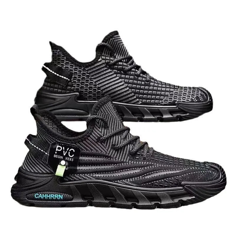 Men's breathable flyknit sneakers in black, gray, and coffee colours with round toe and flat heel