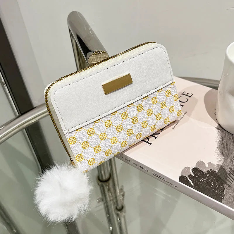Women's short printing colour contrast Korean style PU leather wallet with coin pocket in black