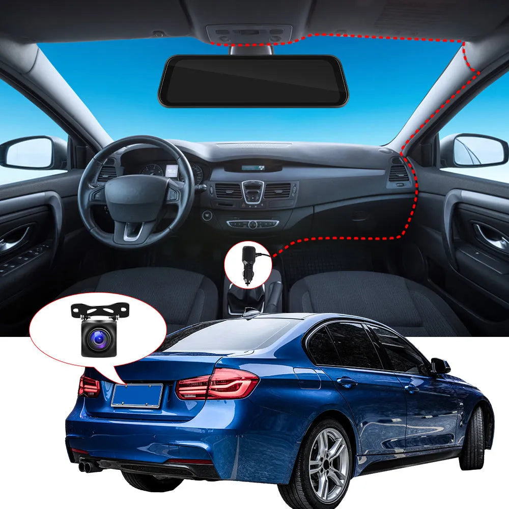 9.66 inch HD 1280x320 touch screen car driving recorder with CarPlay Android Auto and two-way video recording function