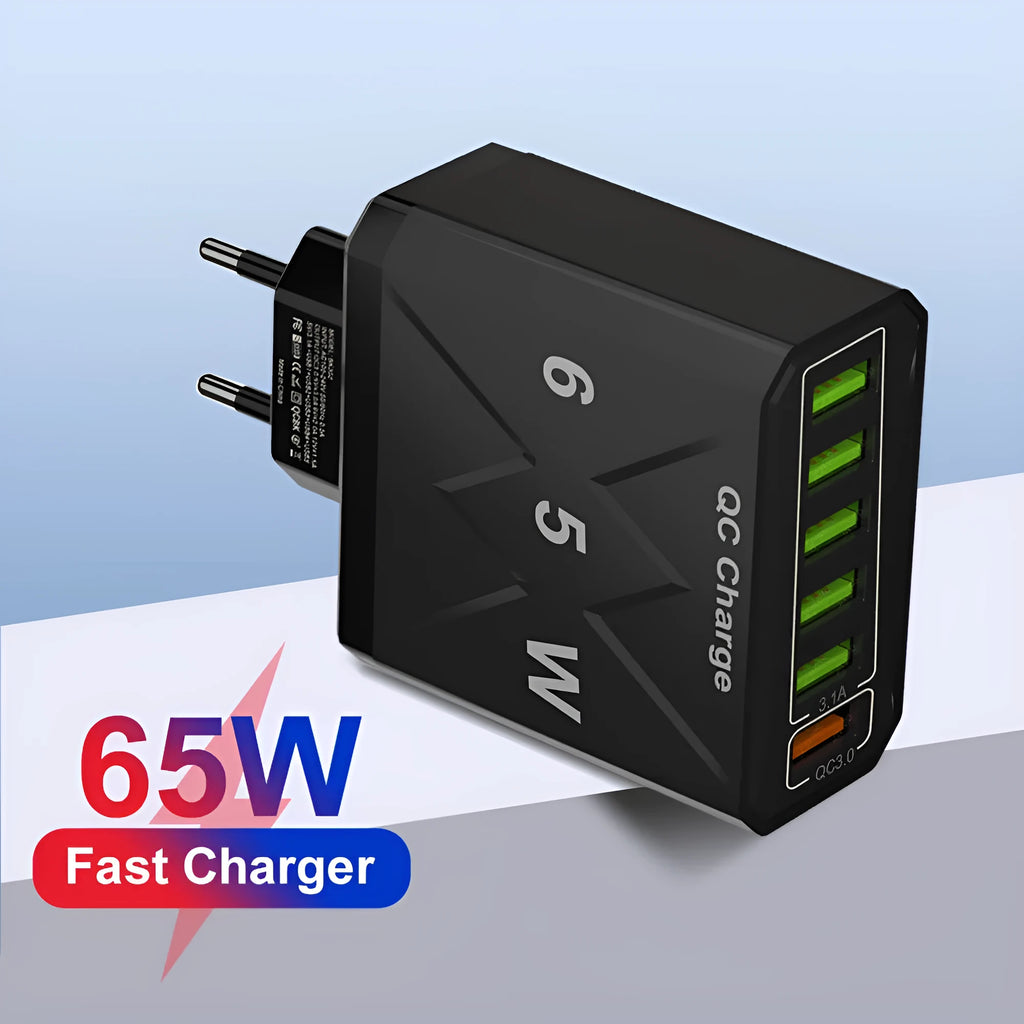 6-port USB charger in white or black with UK, EU or US plug standard, PC ABS body