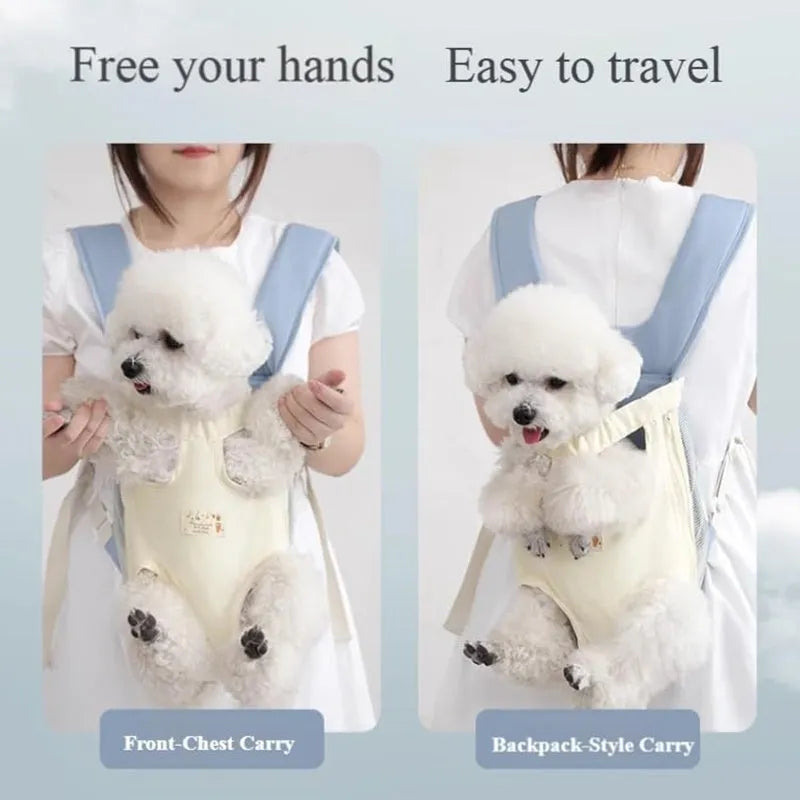 Breathable dog carrier backpack in blue with adjustable straps, suited for small pets up to 15 pounds