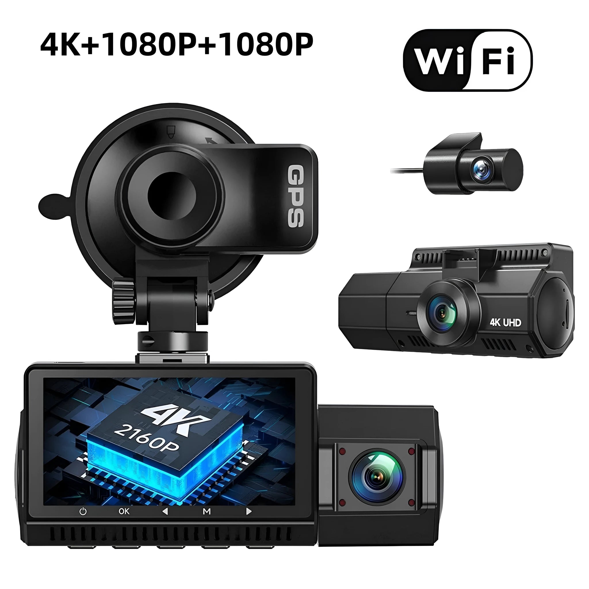 Three-record WIFI dashcam with 2.45-inch screen and GPS holder on car dashboard