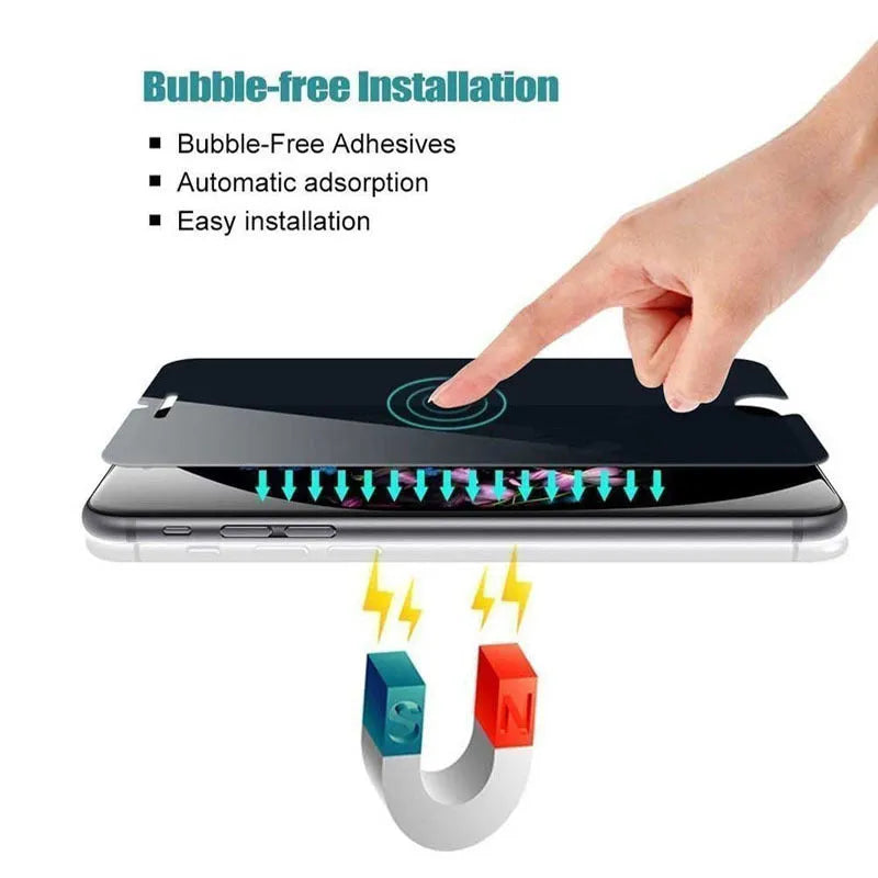 Black anti-peeping tempered glass screen protector for iPhone showing privacy protection feature