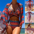 Women's three-piece split swimsuit set in picture colour, showing sleeveless cutout top, high-waist briefs, and coat.