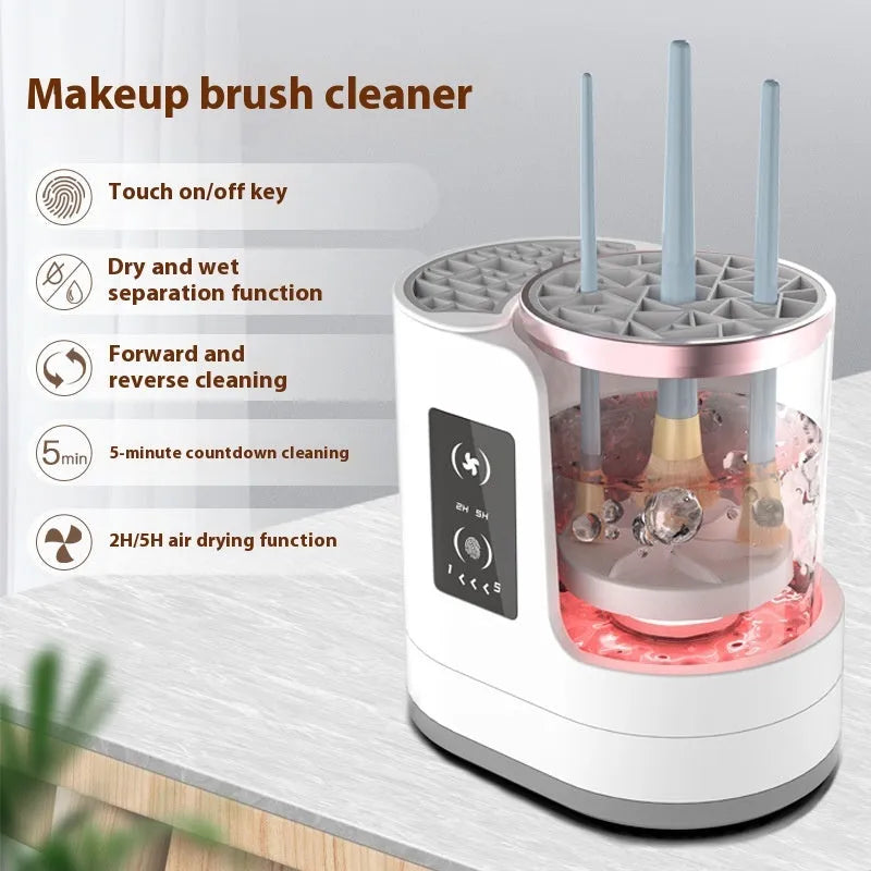 White rechargeable electric makeup brush cleaner with drying chamber and control buttons