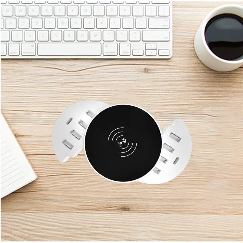 Ceramic white circular wireless charger with multiple ports, adapters for EU UK US outlets, and 1.5 metre cable