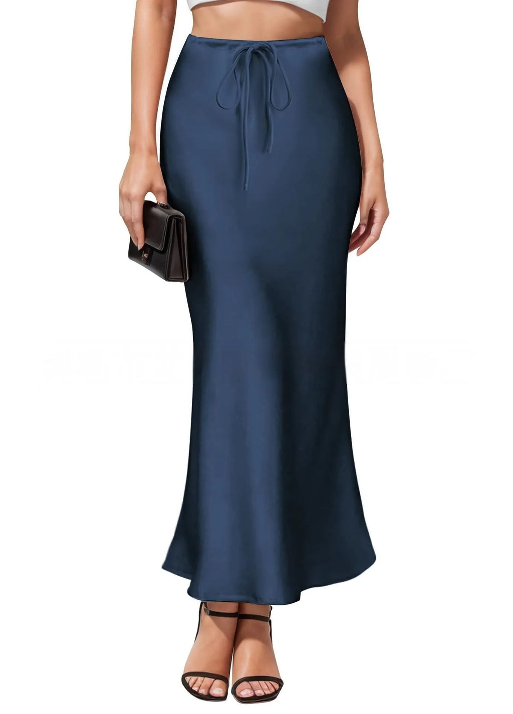 Asymmetric acetate satin skirt with irregular stitching details in high waist design