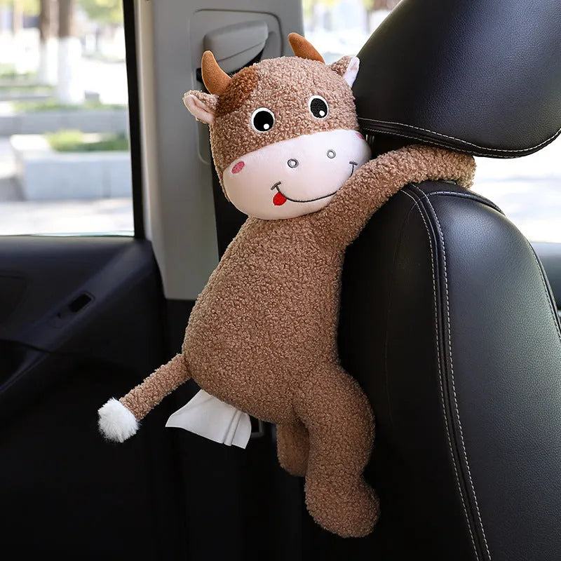 Plush car seat back tissue box holder with cute animal design mounted on car headrest