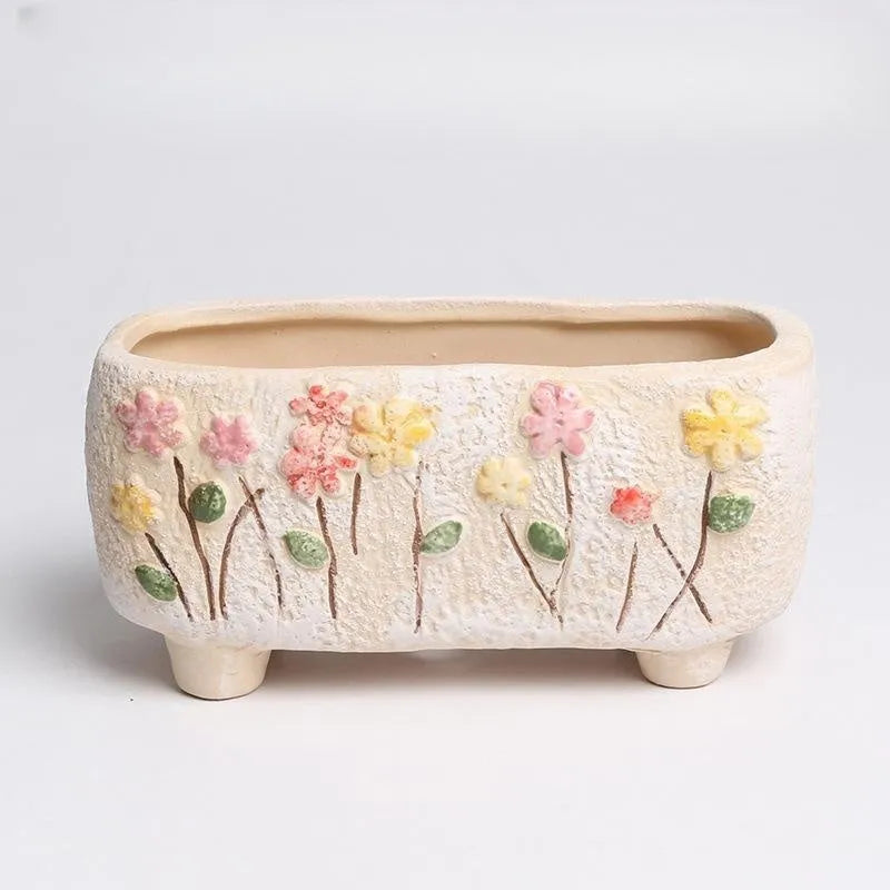 Hand-painted stoneware ceramic rectangular flower pot for small succulents, 13.7 x 6.2 x 6.5 cm