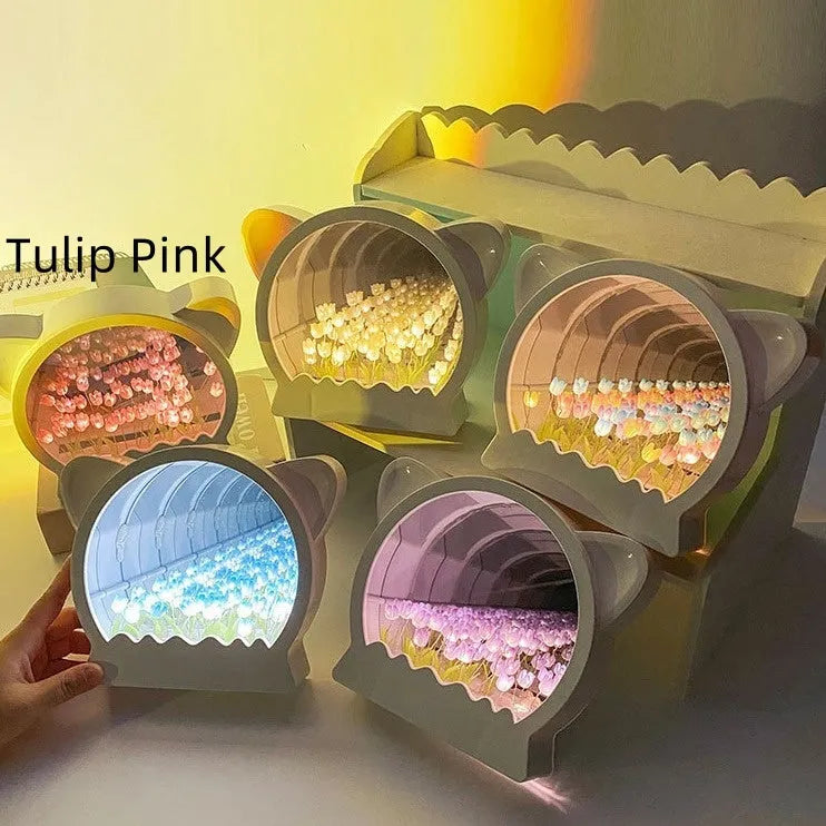 Handmade DIY cat head shaped night lamp surrounded by colourful tulip flowers