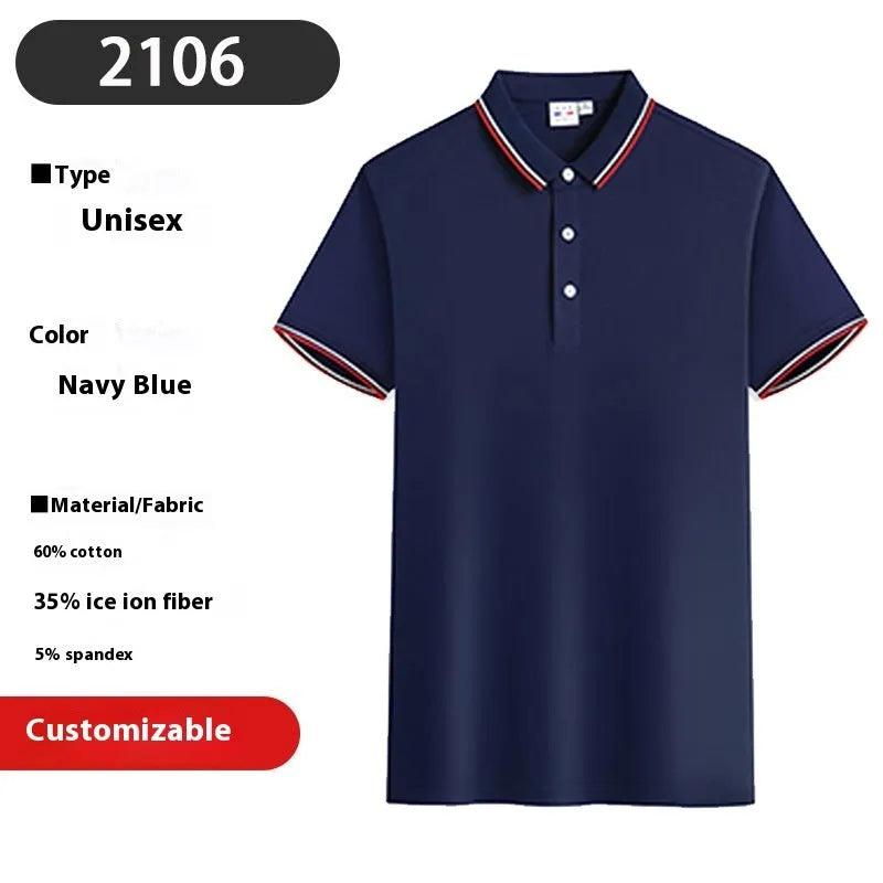 Embroidered lapel short sleeve cotton blend top in navy blue on hanger