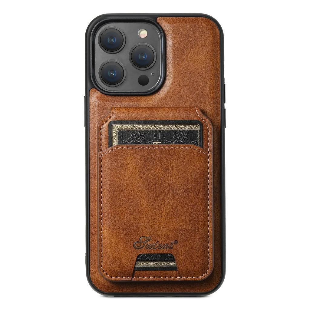 MagSafe compatible silicone iPhone case with magnetic card holder on back in oil wax pattern finish