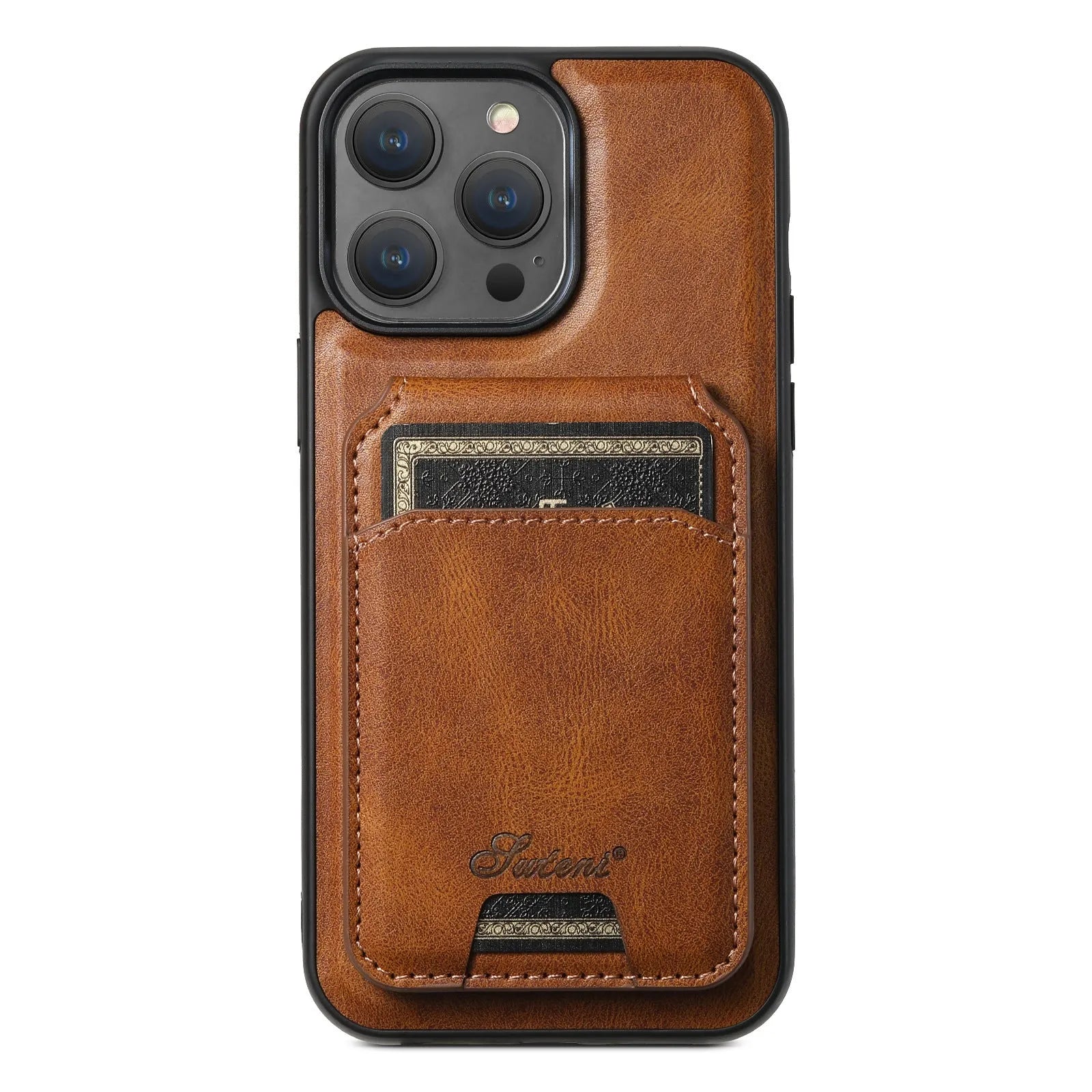 MagSafe compatible silicone iPhone case with magnetic card holder on back in oil wax pattern finish