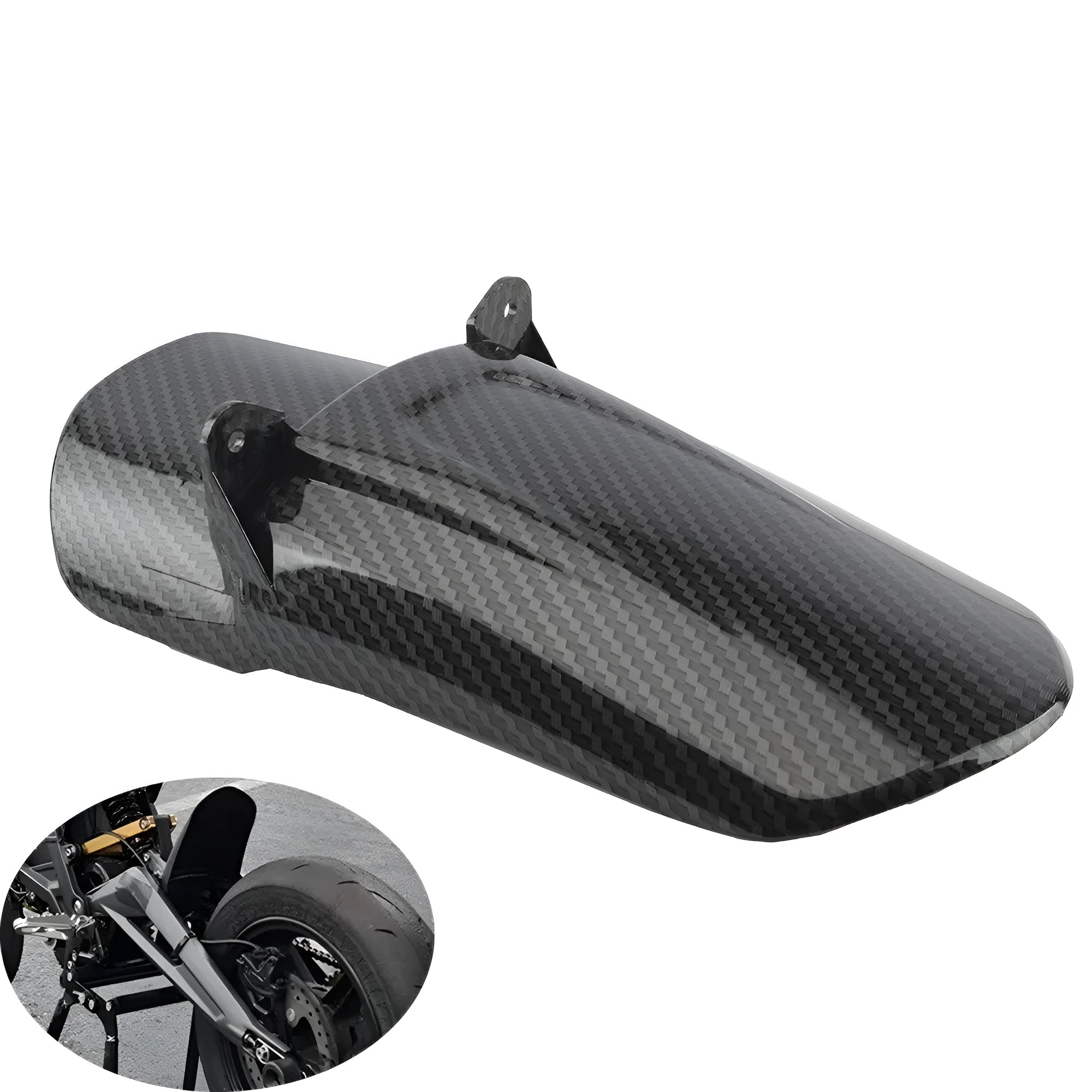 Carbon fibre rear shock absorber fender for a light bee scrambling motorcycle.